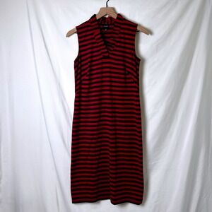 Talbots Women Sleeveless Ruffle V-Neck Midi Dress Red Navy Blue Size XS Striped